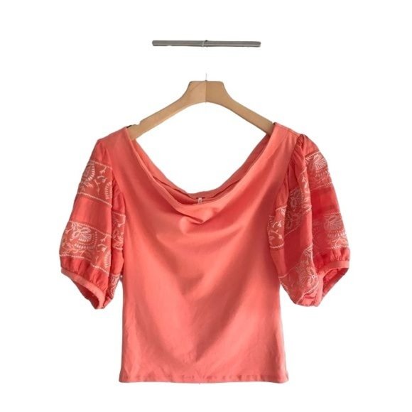 Free People Coral Rock With It Embroidered Puff Sleeve Off The Shoulder Top - Picture 2 of 6